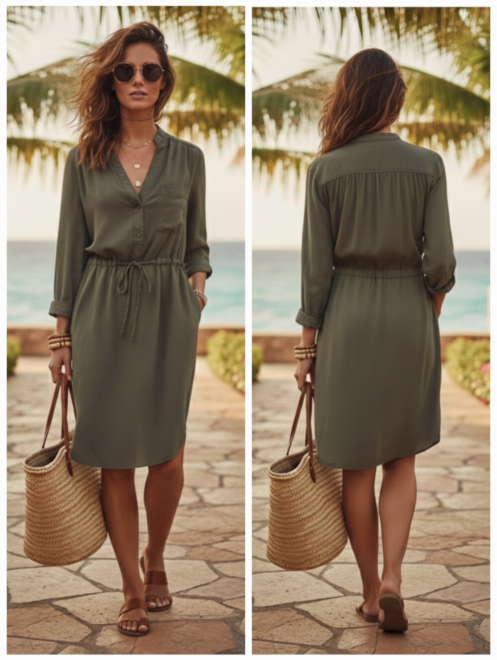 Roots S Olive Normcore Relaxed Fit Resortwear Euro Summer Utility Shirt Dress
